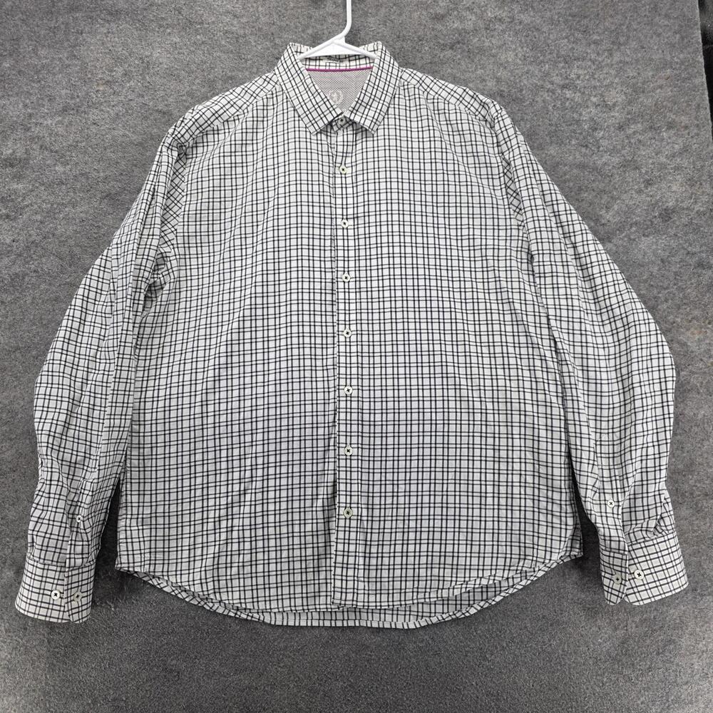 Bugatchi Uomo Shirt Mens Large White Black Check Shaped Fit Cotton Button Down
